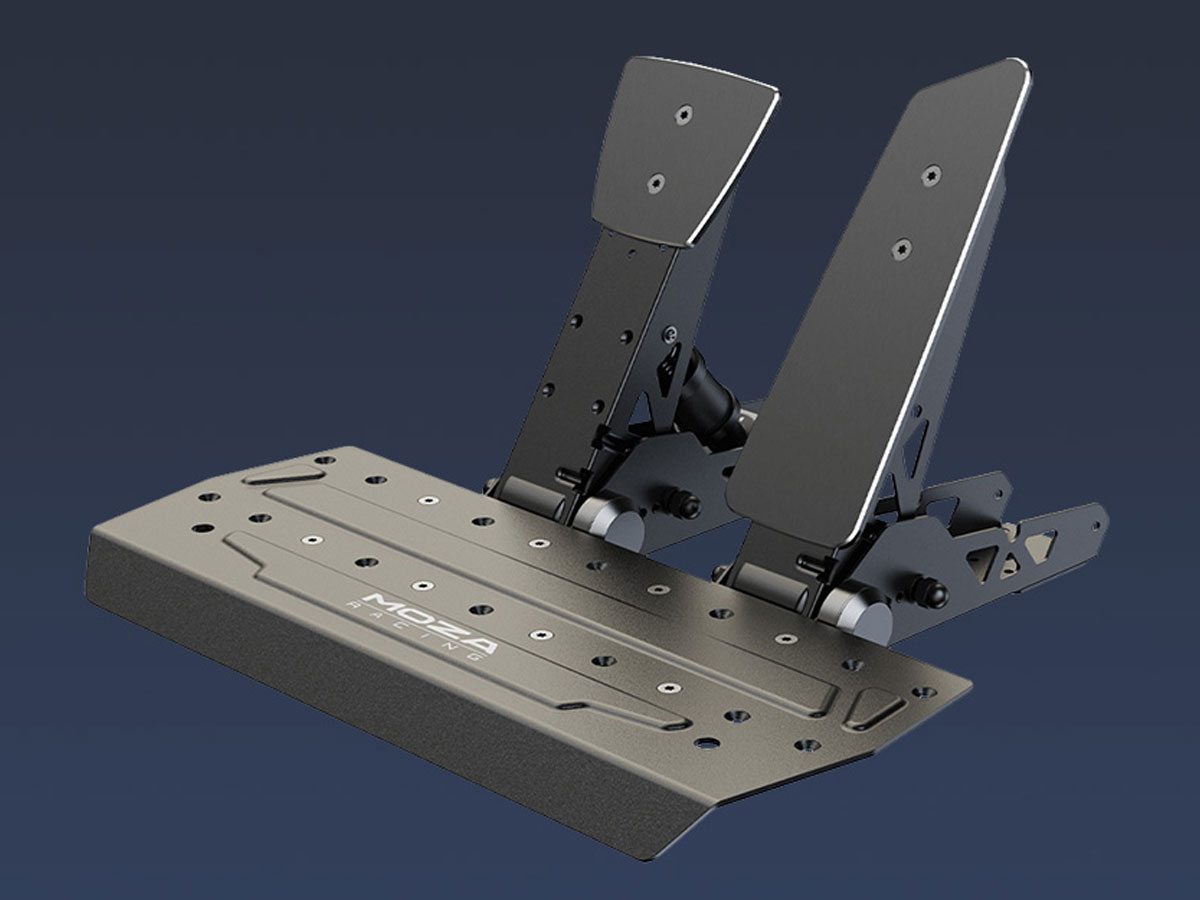 Pedal-Set Gas + Bremse mit Basis Moza Racing SR-P RS11 - Gesamtansicht, Grafik mit Hintergrund