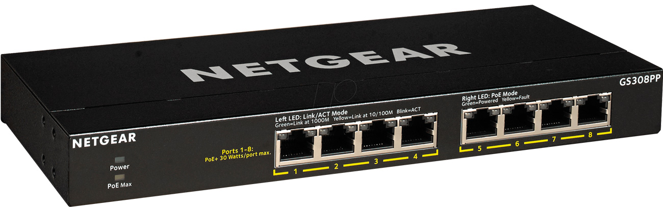 Netgear 8p GS308PP (8x10/100/1000Mbit, 8xPoE+)