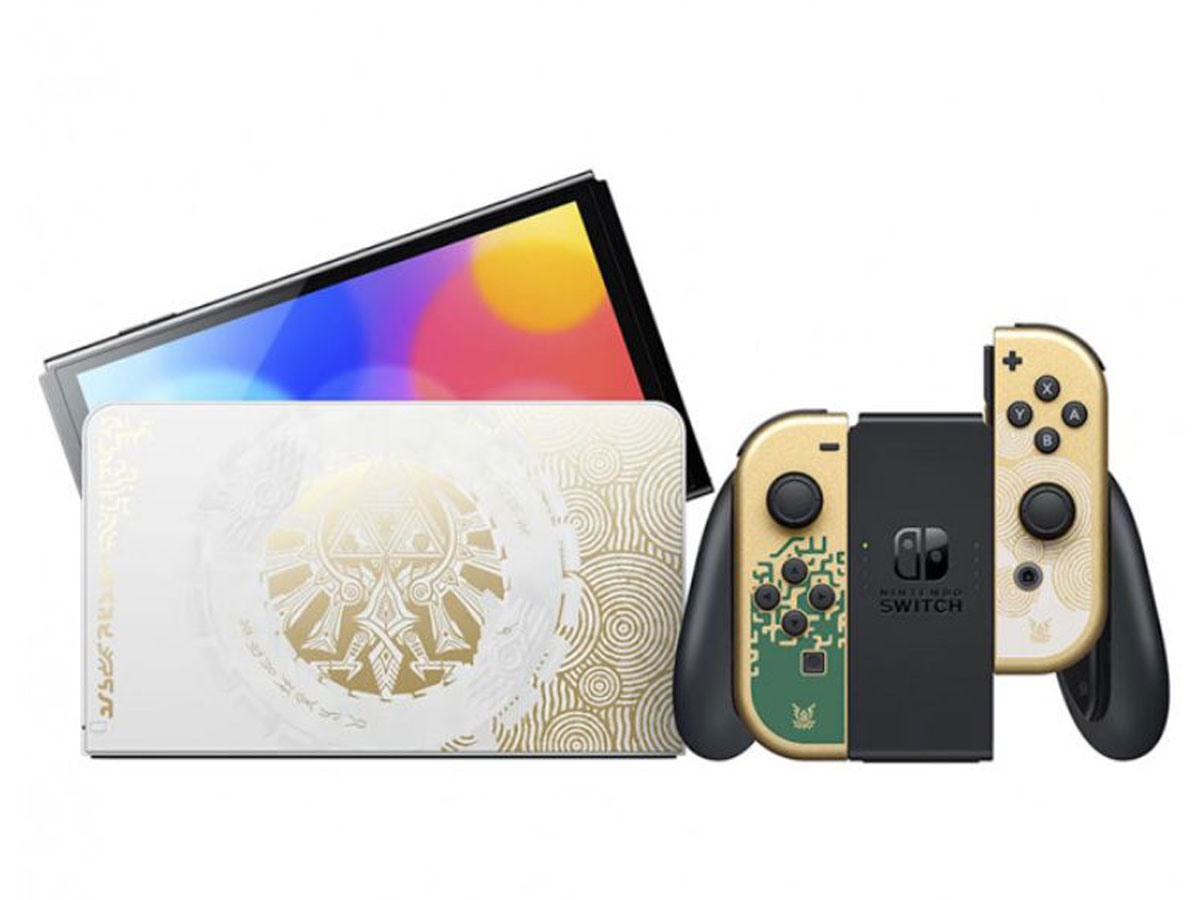 Nintendo Switch OLED Zelda TOTK Edition - Ansicht der Dockingstation mit Controllern