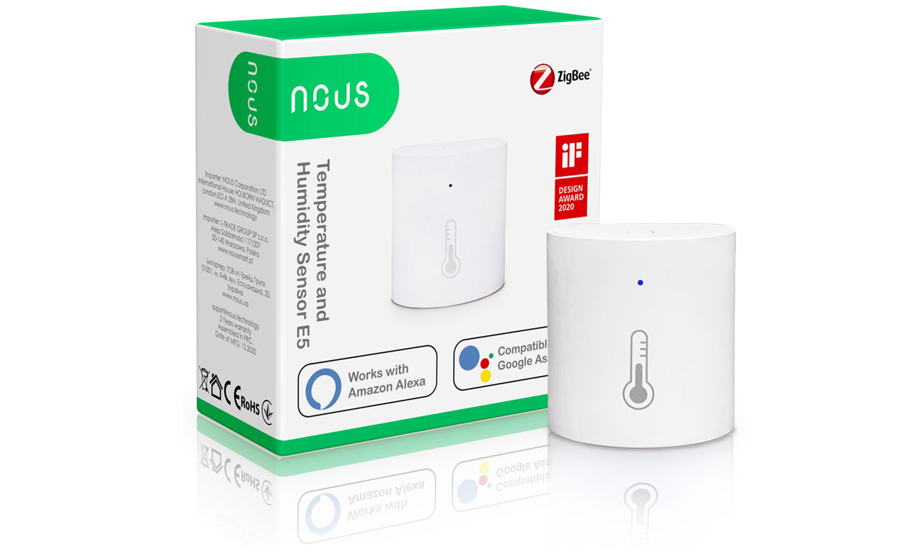 Intelligenter Feuchtigkeits- und Temperatursensor Nous E5 - Vorderansicht + Verpackung