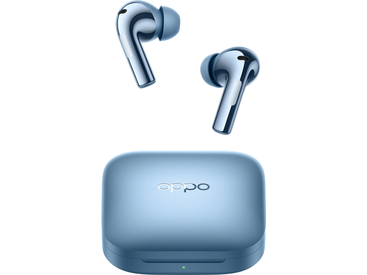 Kabellose Kopfhörer OPPO Enco X3i Electric Blue - Ansicht des linken und rechten Kopfhörers mit geschlossenem Ladeetui