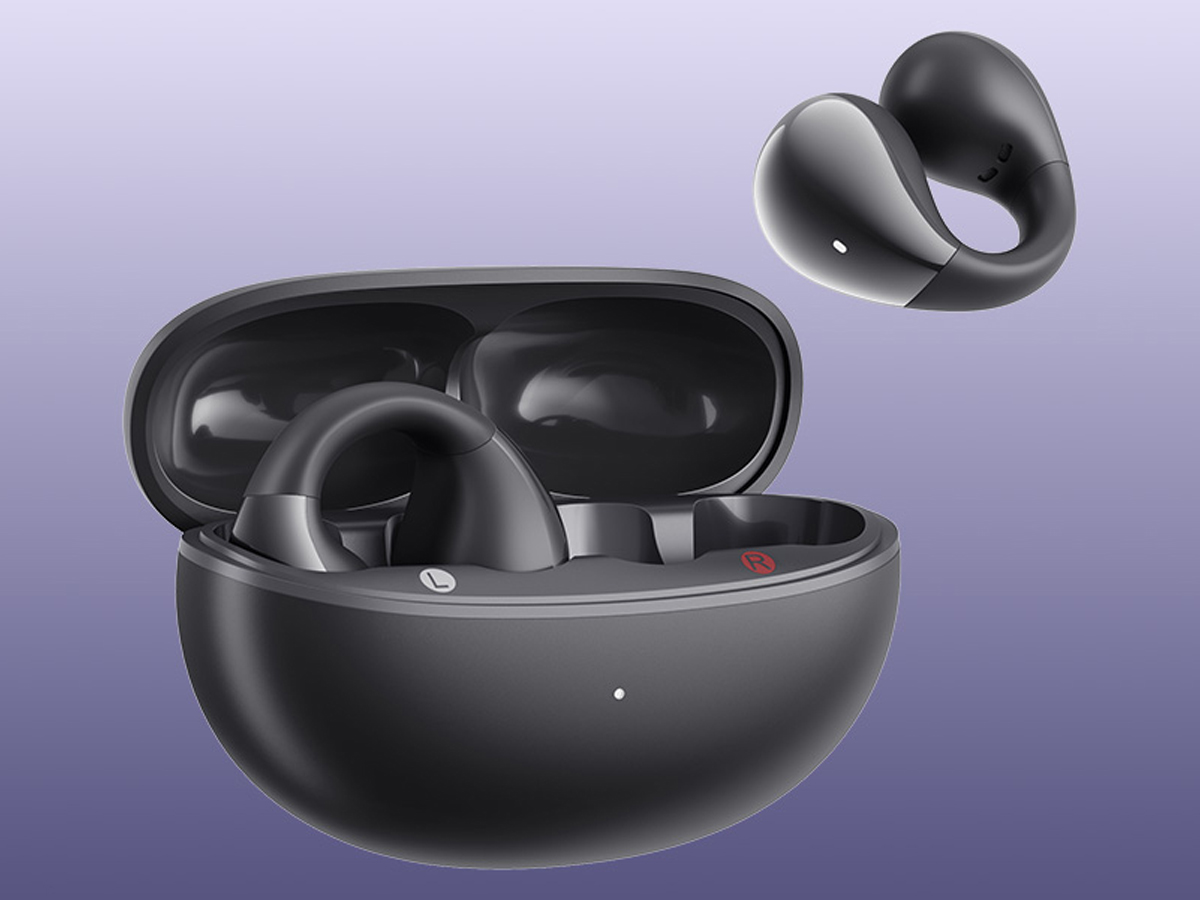 Drahtlose Kopfhörer QCY Crossky Clip C30 Schwarz - Ansicht von vorne im Winkel, Grafik mit Hintergrund