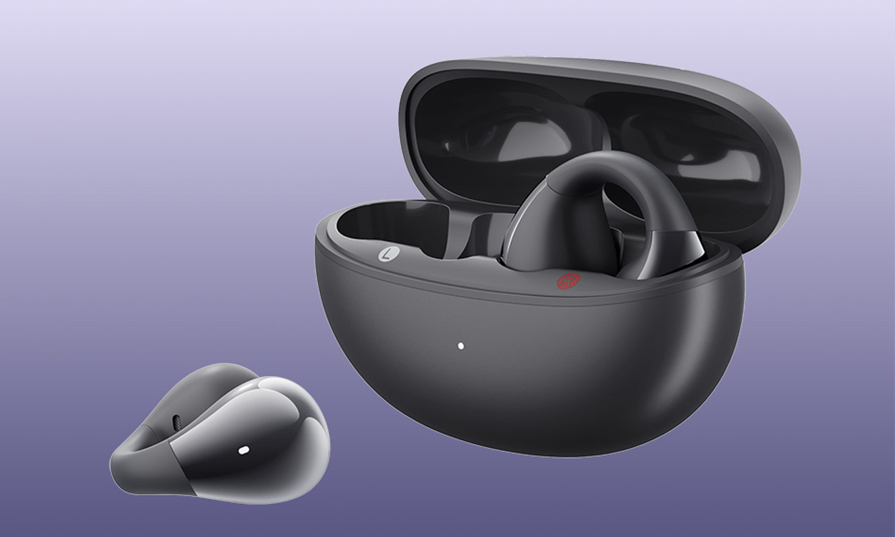 Drahtlose Kopfhörer QCY Crossky Clip C30 Schwarz - Ansicht von vorne im Winkel, Grafik mit Hintergrund