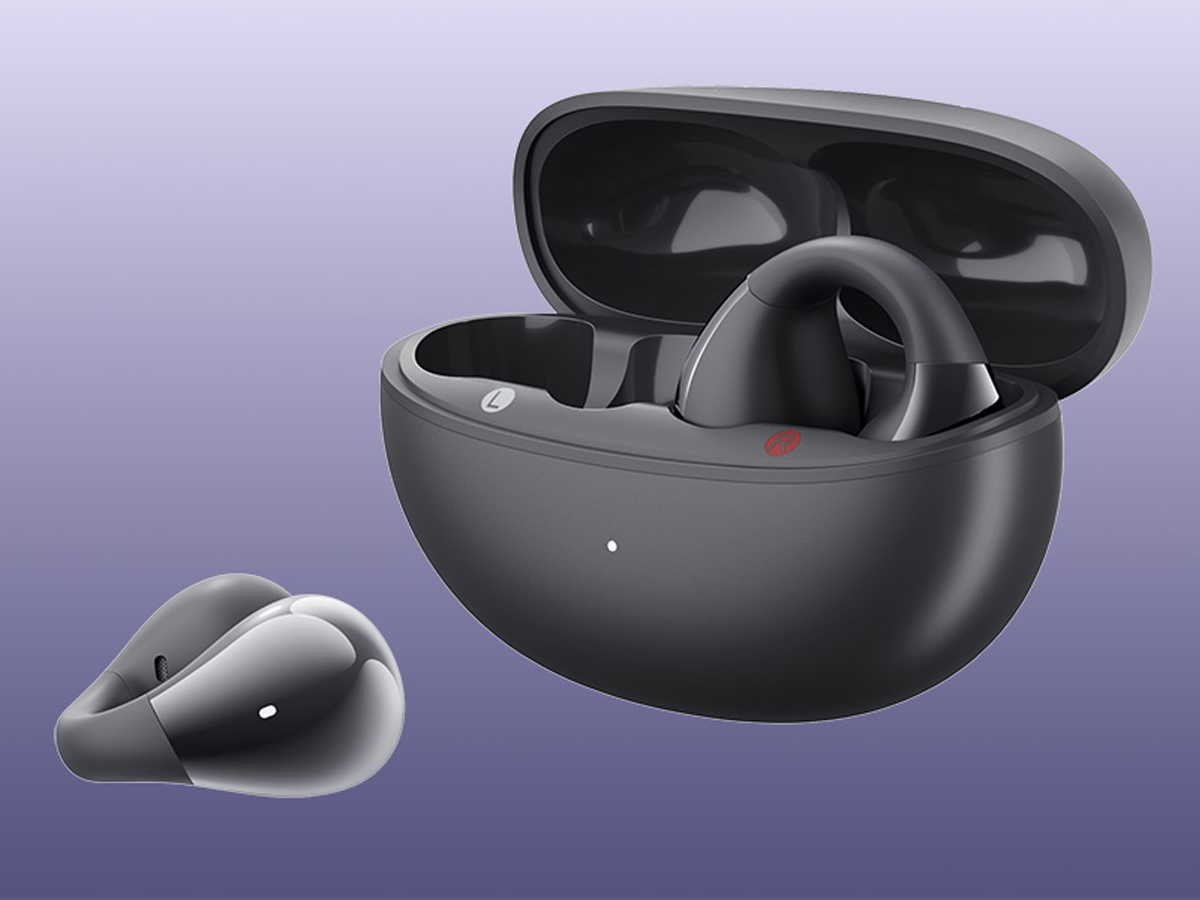 Drahtlose Kopfhörer QCY Crossky Clip C30 Schwarz - Ansicht von vorne im Winkel, Grafik mit Hintergrund