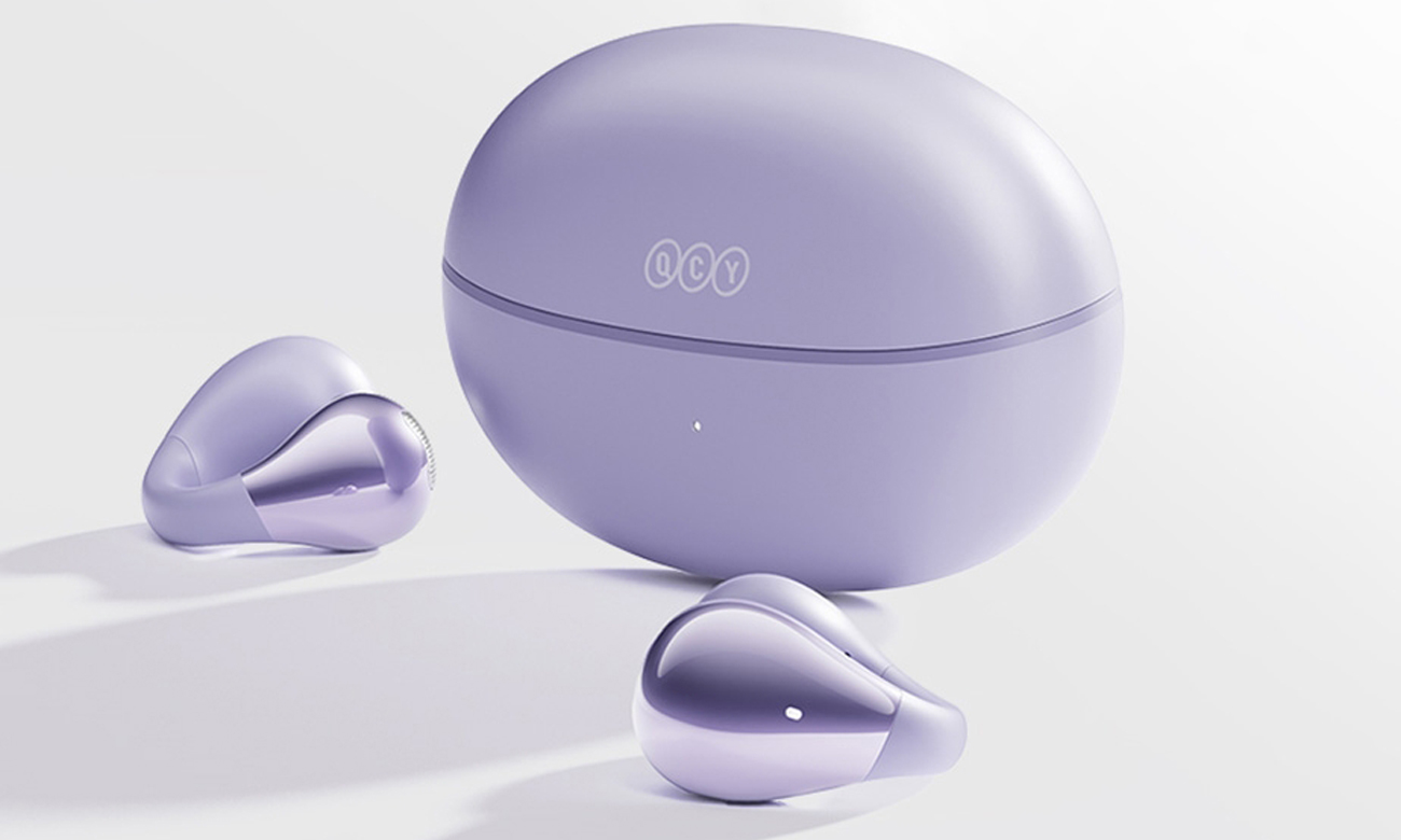 Drahtlose Kopfhörer QCY Crossky Clip C30 Lila - Ansicht von vorne im Winkel, Grafik mit Hintergrund