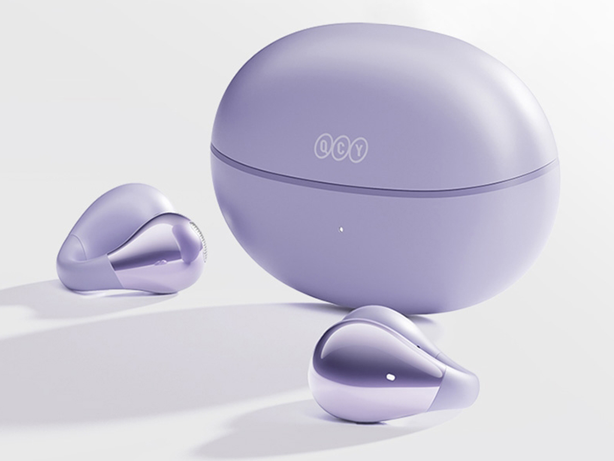 Drahtlose Kopfhörer QCY Crossky Clip C30 Lila - Ansicht von vorne im Winkel, Grafik mit Hintergrund