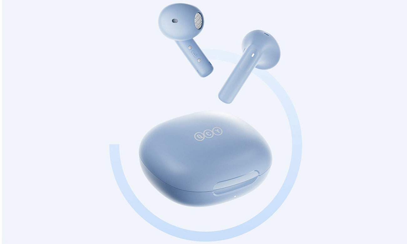 Drahtlose Kopfhörer QCY Ailybuds E20 HT13 Blau - Vorderansicht, Grafik mit Hintergrund