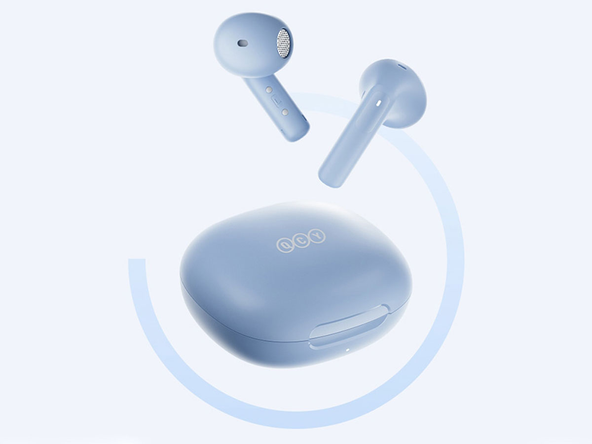 Drahtlose Kopfhörer QCY Ailybuds E20 HT13 Blau - Vorderansicht, Grafik mit Hintergrund