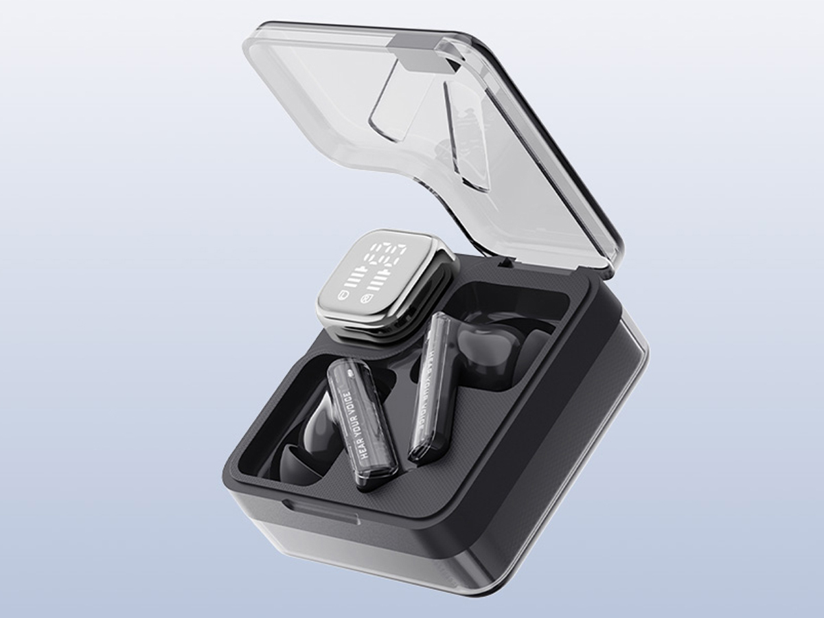 Drahtlose Kopfhörer QCY MeloBuds Neo T31 Schwarz - Ansicht von vorne mit offenem Ladeetui, Grafik mit Hintergrund