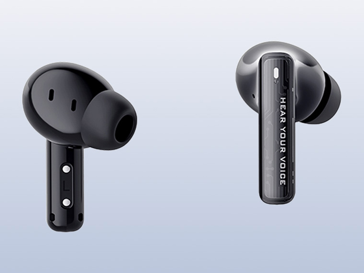 Drahtlose Kopfhörer QCY MeloBuds Neo T31 Schwarz - Ansicht von links und rechts, Grafik mit Hintergrund