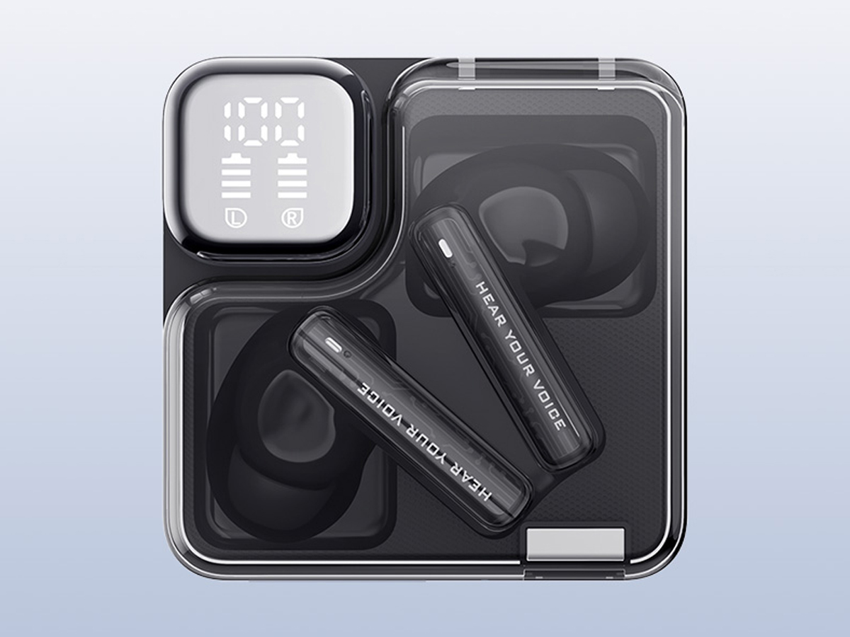 Drahtlose Kopfhörer QCY MeloBuds Neo T31 Schwarz - Ansicht des geschlossenen Ladeetuis, Grafik mit Hintergrund