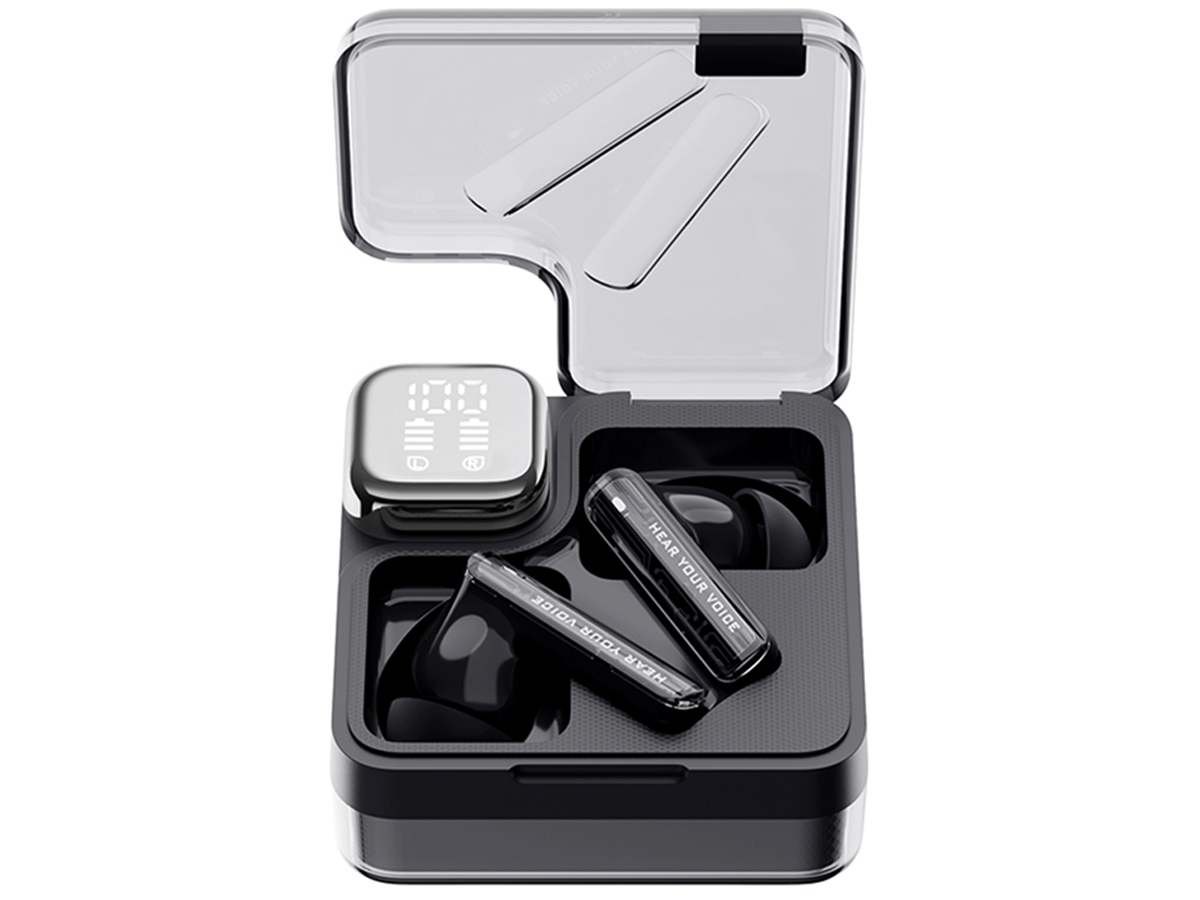 Drahtlose Kopfhörer QCY MeloBuds Neo T31 Schwarz - Ansicht von vorne mit offenem Ladeetui