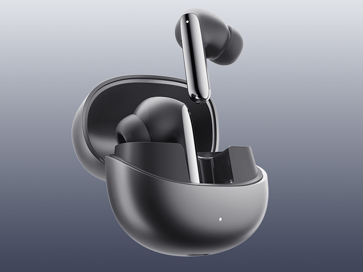 Drahtlose Kopfhörer QCY MeloBuds Pro HT08 Schwarz - Ansicht von vorne mit offenem Ladeetui, Grafik mit Hintergrund