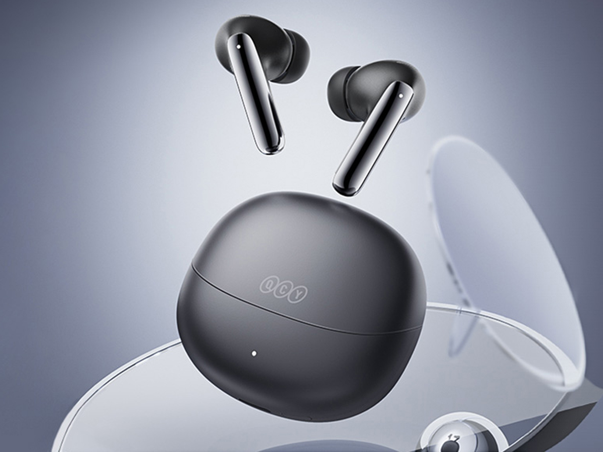 Drahtlose Kopfhörer QCY MeloBuds Pro HT08 Schwarz - Ansicht von vorne mit geschlossenem Ladeetui, Grafik mit Hintergrund