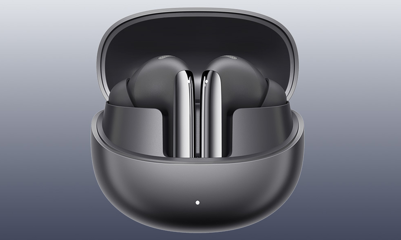 Drahtlose Kopfhörer QCY MeloBuds Pro HT08 Schwarz - Ansicht von vorne mit offenem Ladeetui, Grafik mit Hintergrund