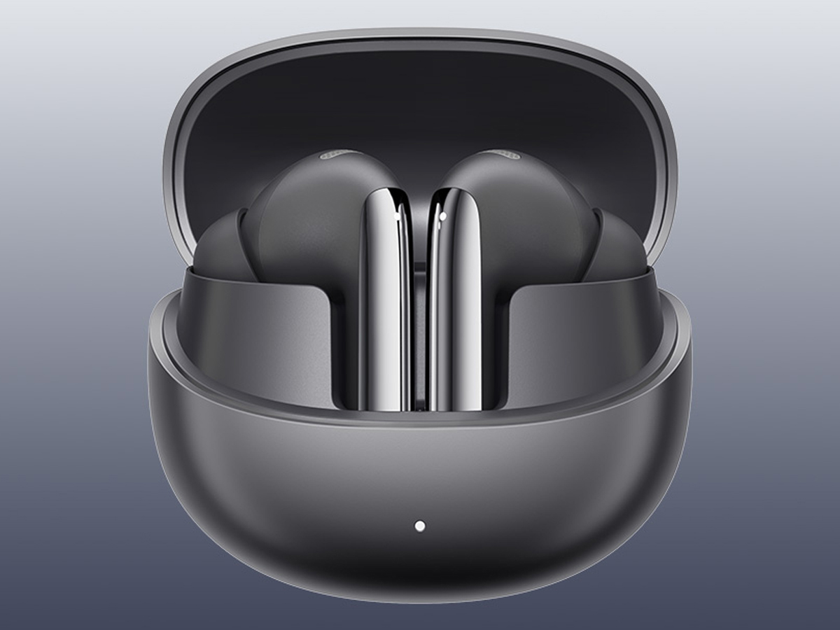 Drahtlose Kopfhörer QCY MeloBuds Pro HT08 Schwarz - Ansicht von vorne mit offenem Ladeetui, Grafik mit Hintergrund