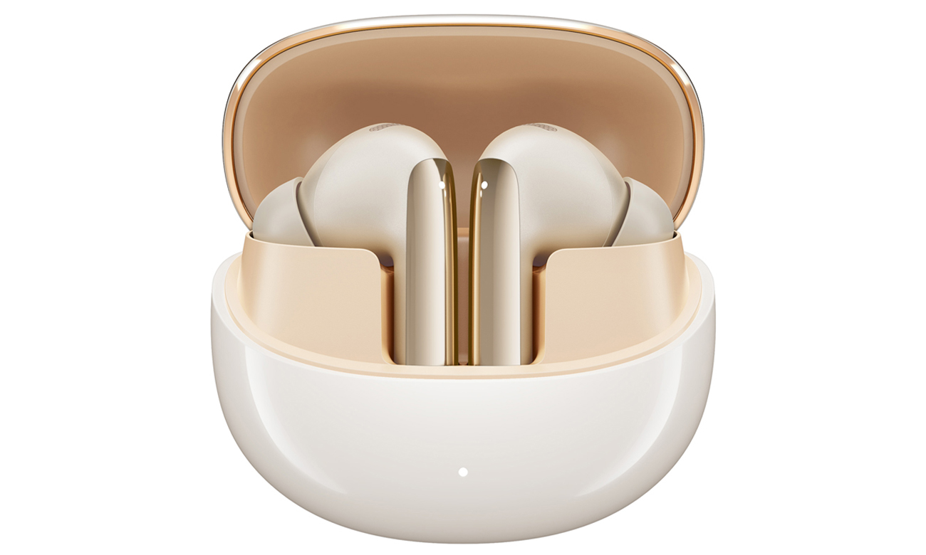 Drahtlose Kopfhörer QCY MeloBuds Pro HT08 Gold - Vorderansicht mit offenem Ladeetui, Hintergrundgrafik