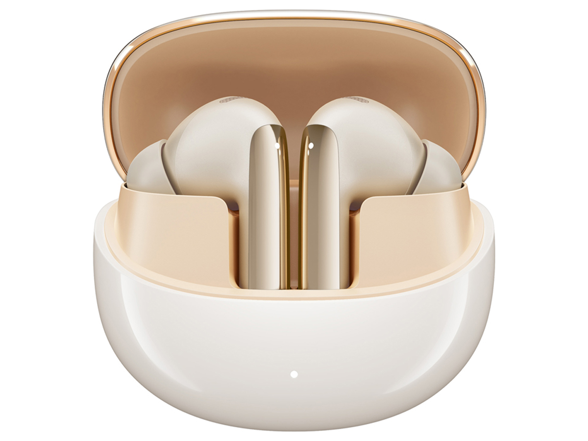 Drahtlose Kopfhörer QCY MeloBuds Pro HT08 Gold - Vorderansicht mit offenem Ladeetui, Hintergrundgrafik