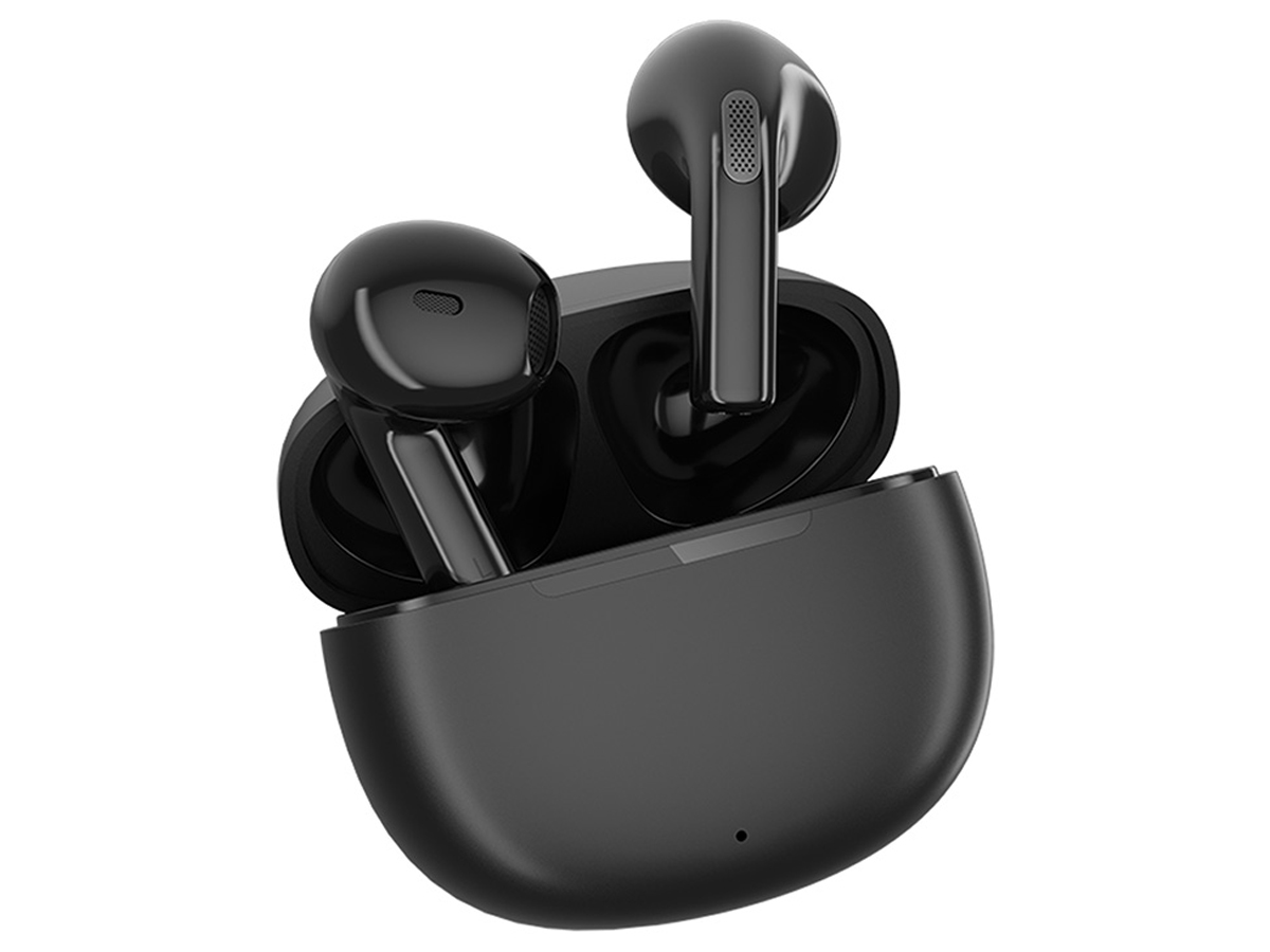 Drahtlose Kopfhörer QCY T20 Schwarz - Ansicht von vorne mit offenem Ladeetui