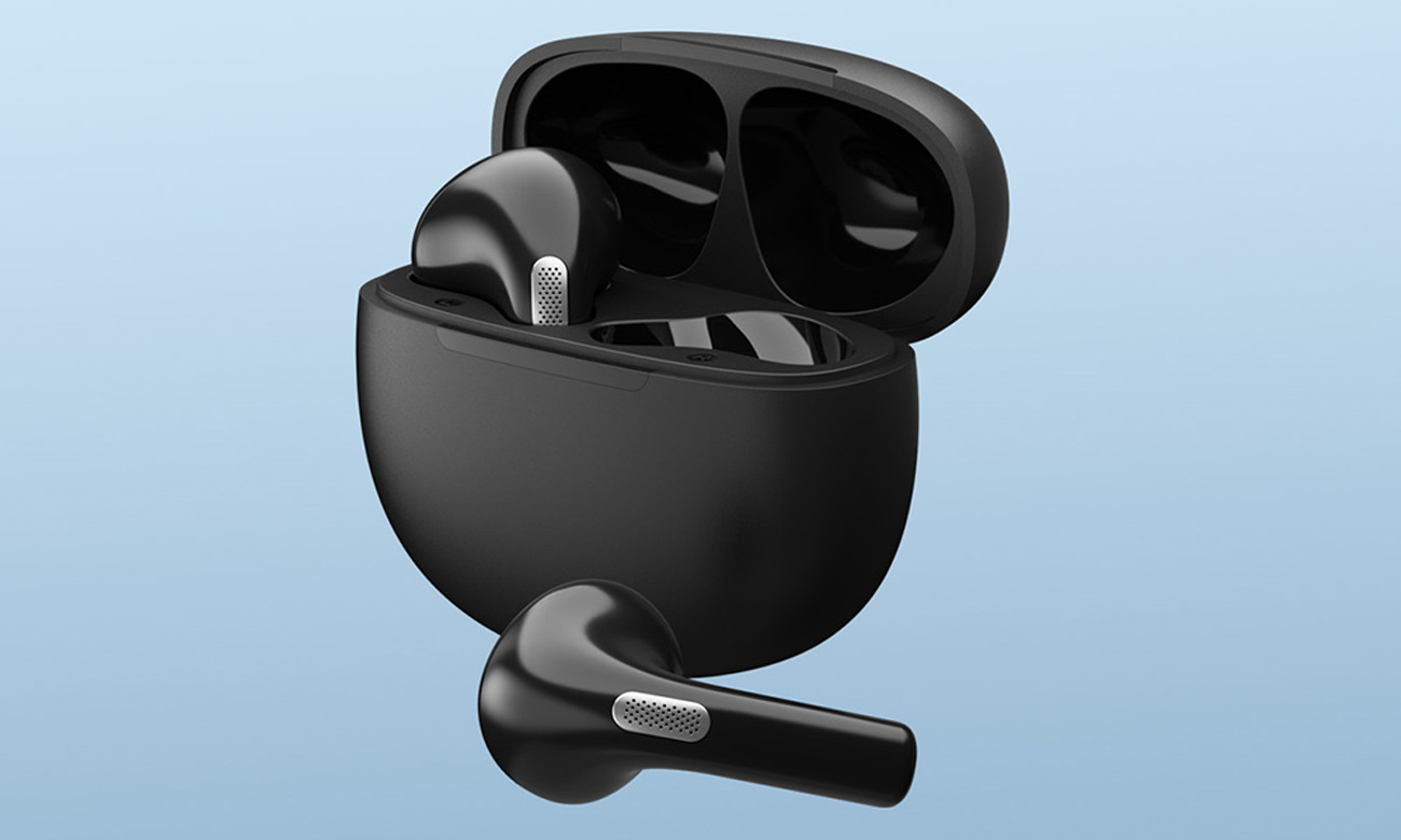 Drahtlose Kopfhörer QCY T20 Schwarz - Ansicht von vorne mit offenem Ladeetui, Grafik mit Hintergrund