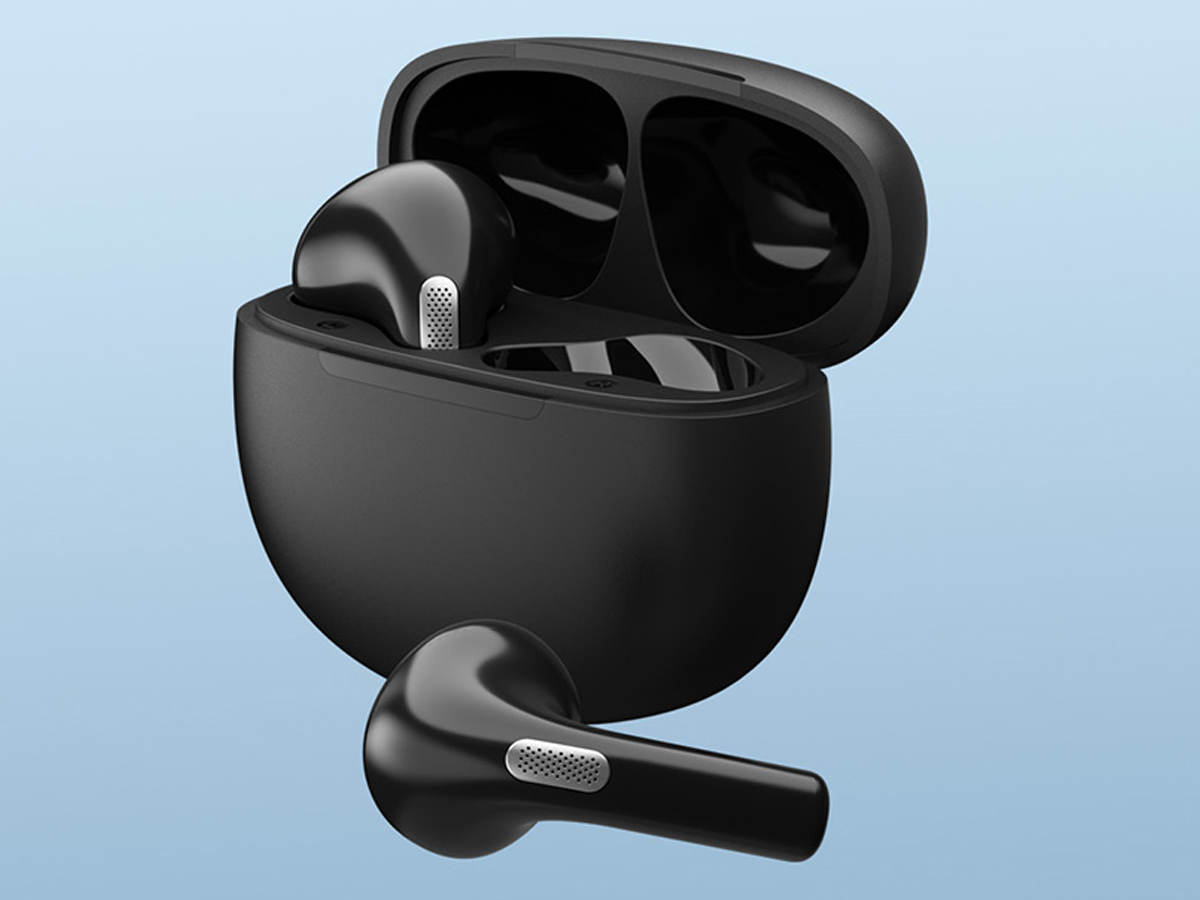 Drahtlose Kopfhörer QCY T20 Schwarz - Ansicht von vorne mit offenem Ladeetui, Grafik mit Hintergrund