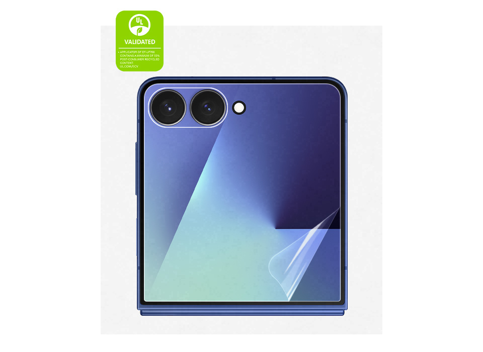 Vorderansicht des Galaxy Z Flip7 mit nach vorne gerichteter FlexWindow-Öffnung und leicht abgehakter Anti-Reflexions-Beschichtung, um geringe Reflexion und hohe Transparenz zu zeigen. Text lautet: PRODUKT-APPLIKATOR EF-UF766 ZERTIFIZIERT VON UL ENTHÄLT MINDESTENS 50% RECYCLING-MATERIALIEN. UL.COM/ECV
