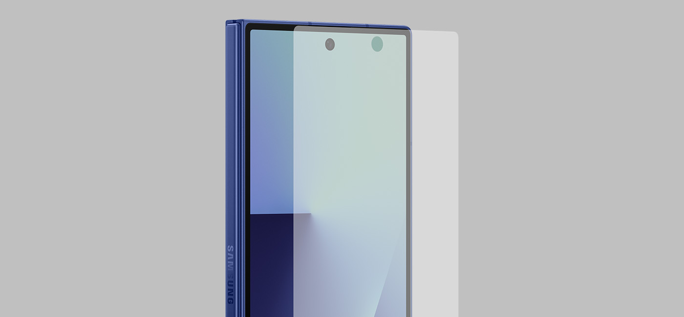 Gerät Galaxy Z Fold7 steht senkrecht in einem kleinen Winkel mit sichtbarem Bildschirm. Die Antireflexfolie hebt sich in der Nähe des Bildschirms ab, um das passgenaue Design zu zeigen.