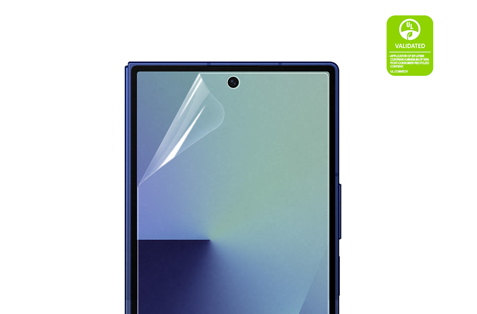 Pokazano widok z bliska ekranu Galaxy Z Fold7. Folia ochronna antyrefleksyjna jest lekko odklejona od ekranu, aby pokazać przejrzystość i zmniejszyć refleksy jako cechy folii. Tekst brzmi APLIKATOR PRODUKTU EF-UF966 ZATWIERDZONY PRZEZ UL ZAWIERA MINIMUM 50% MATERIAŁÓW POCHODZĄCYCH Z RECYKLINGU POSTKONCUMENCKIEGO. UL.COM/ECV Pokazano widok z bliska ekranu Galaxy Z Fold7. Folia ochronna antyrefleksyjna jest lekko odklejona od ekranu, aby pokazać przejrzystość i zmniejszyć refleksy jako cechy folii. Tekst brzmi APLIKATOR PRODUKTU EF-UF966 ZATWIERDZONY PRZEZ UL ZAWIERA MINIMUM 50% MATERIAŁÓW POCHODZĄCYCH Z RECYKLINGU POSTKONCUMENCKIEGO. UL.COM/ECV