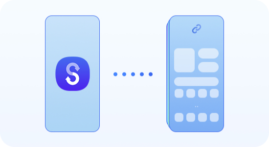Smartphone mit Smart Switch-Symbol überträgt Daten auf ein anderes Telefon und zeigt mehrere Informationsebenen auf dem Bildschirm.