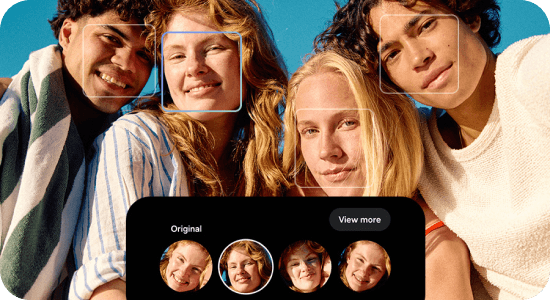 Gruppenfoto von vier jungen Personen mit Auswahloptionen für den besten Gesichtsausdruck einer der Frauen dank der Best-Face-Funktion.