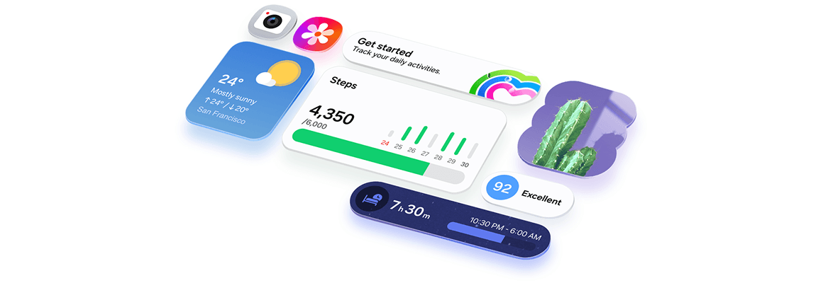 Verschiedene App-Symbole und Widgets aus der Benutzeroberfläche von One UI 8.5 sind übersichtlich in einem Raster angeordnet, was den intuitiven Look unterstreicht.