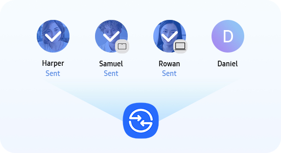 Quick-Share-Symbol mit einer Liste von vier Empfängern, ihren Namen, Geräten und dem Sendestatus.