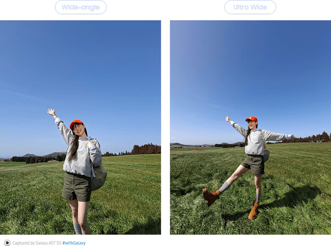 Zwei Porträts einer jungen Frau vor dem Himmel, die den Effekt von Weitwinkel- und Ultraweitwinkelaufnahmen des Galaxy A57 5G zeigen.