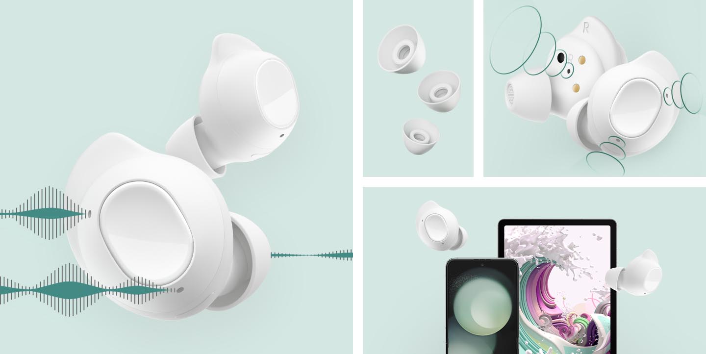Nahaufnahme von zwei hängenden Galaxy Buds FE. Drei Ohrpassstücke in verschiedenen Größen schweben in Formation. Nahaufnahme von zwei Galaxy Buds FE mit Schallwellen, die aus den internen und externen Mikrofonen kommen. Das Galaxy Tab S9 FE und zwei Galaxy Buds FE schweben in der Luft.