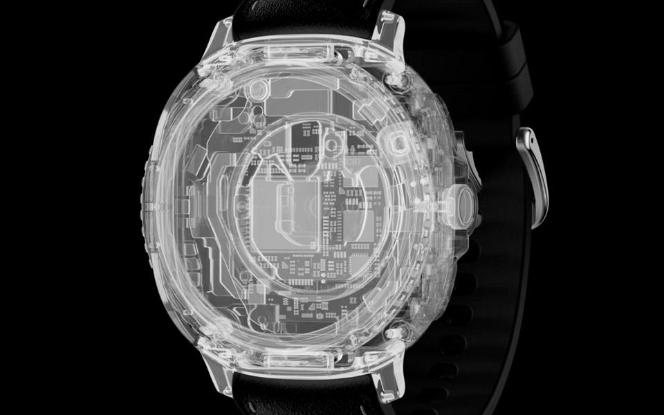 Ein quadratischer Umriss mit abgerundeten Ecken erscheint. Die Form verwandelt sich in die Galaxy Watch8 Classic. Die Silhouette wird sichtbar. Eine transparente Ansicht des Inneren erscheint. Das Gerät neigt sich leicht nach links.