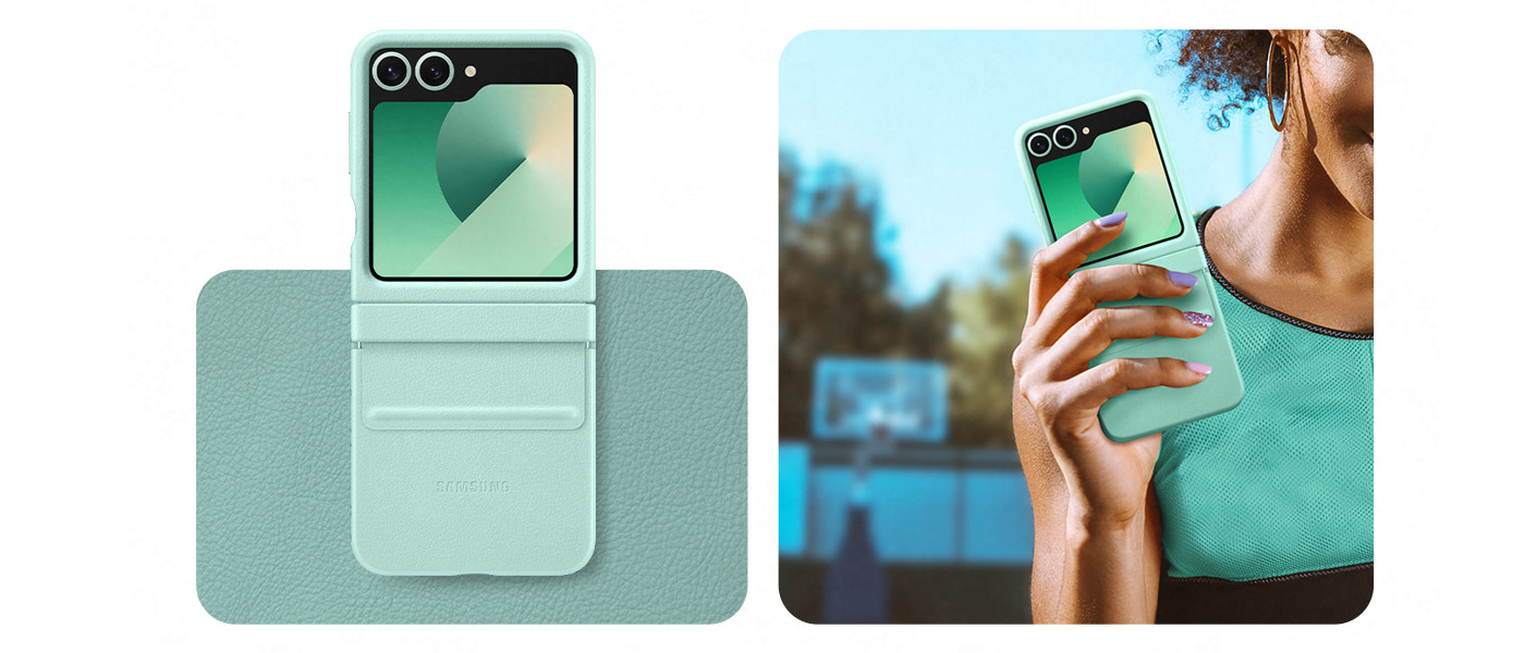 Miętowy Galaxy Z Flip6 w etui Kindsuit Case. Telefon jest umieszczony na próbce kolorystycznej. Obok znajduje się kobieta w miętowym stroju sportowym trzymająca telefon. 