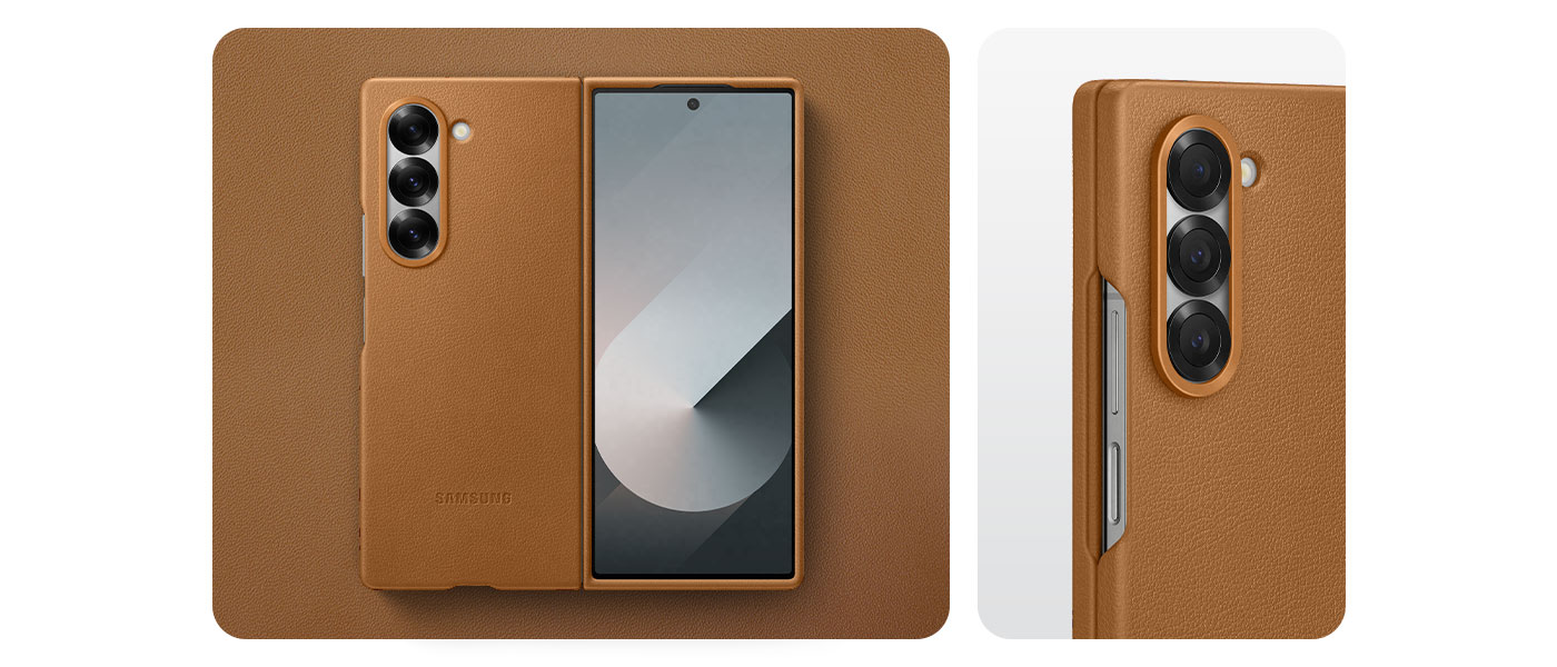 Kindsuit-Hülle in braun, dargestellt auf weichem veganem Leder mit Nahaufnahme der perfekten Passform.