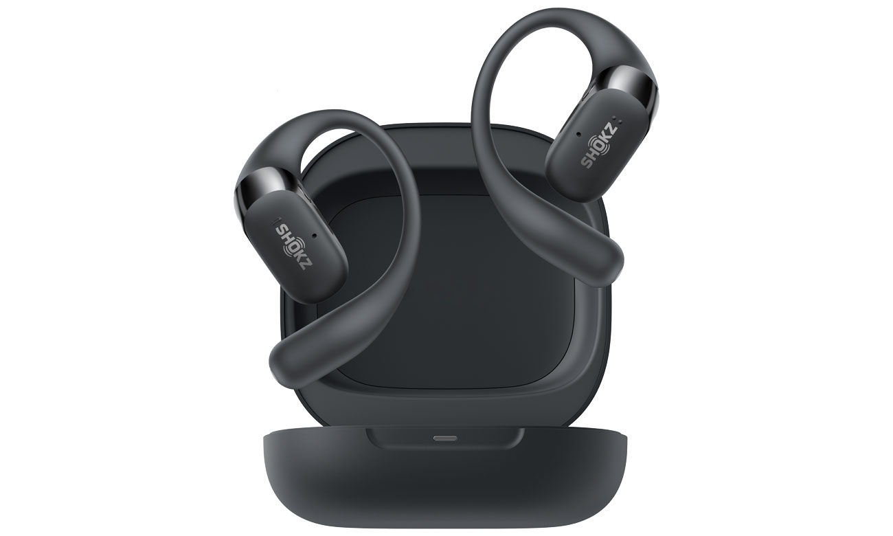 Drahtlose Kopfhörer Shokz OpenFit 2 Schwarz - Vorderansicht mit offenem Ladeetui