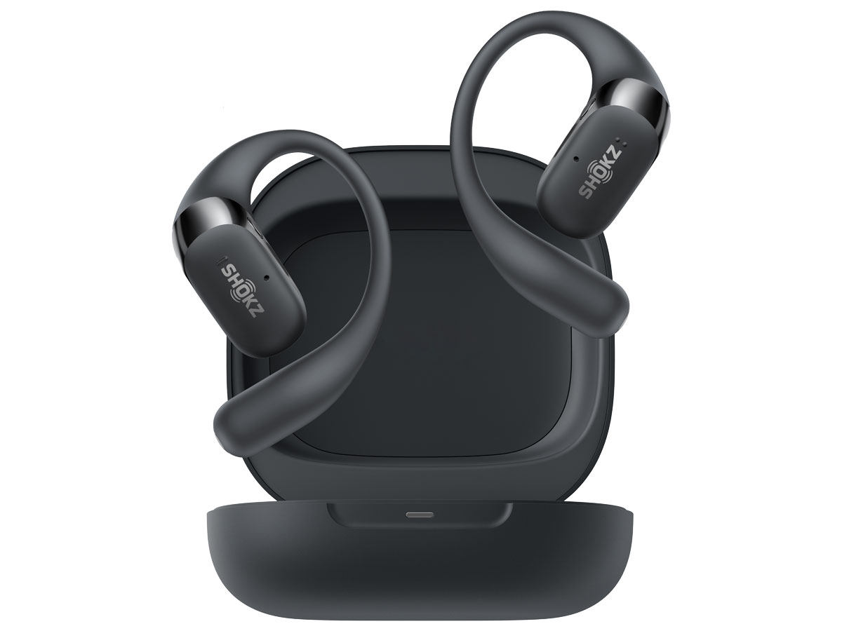 Drahtlose Kopfhörer Shokz OpenFit 2 Schwarz - Vorderansicht mit offenem Ladeetui