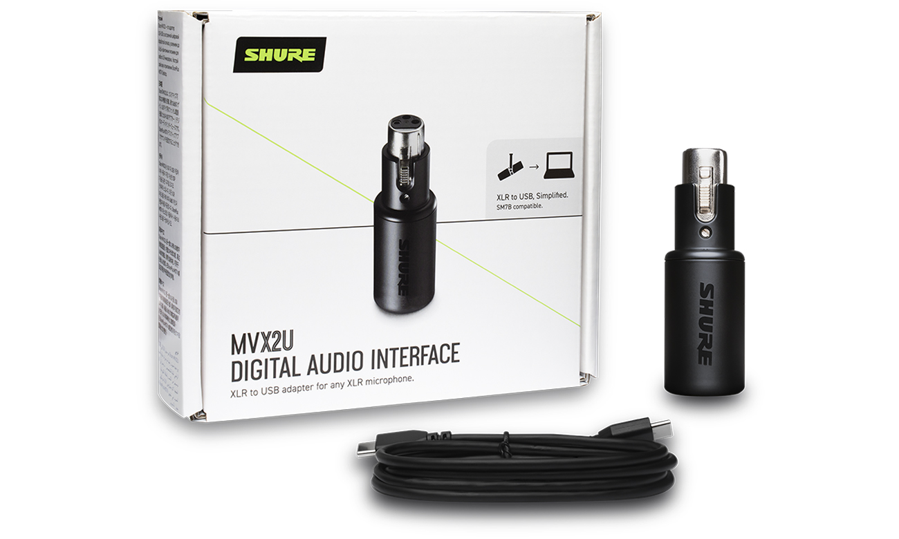 Einkanaliger Shure MVX2U XLR-USB-Interface mit Kopfhörerausgang - Gesamtansicht mit Verpackung
