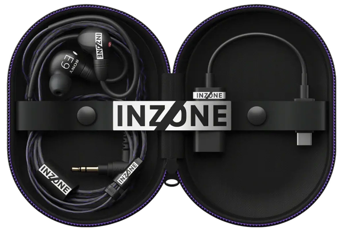 Kabelgebundene In-Ear-Kopfhörer Sony INZONE E9 Schwarz – Gesamtansicht mit Etui und Zubehör
