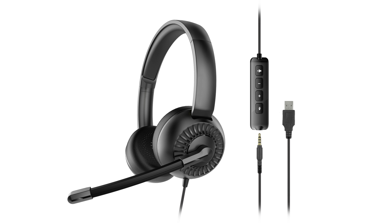 Zestaw słuchawkowy SpeedLink METIS USB - Widok od przodu pod kątem + kable