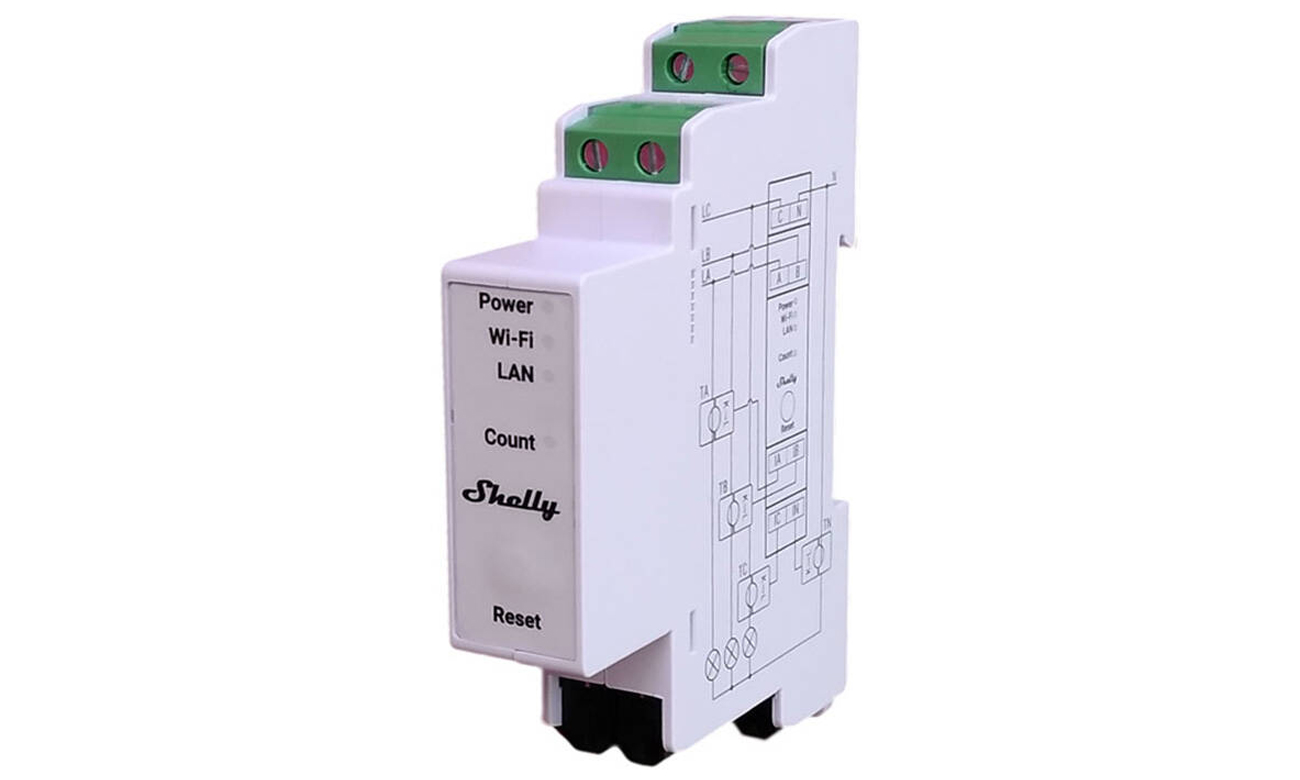 Zweirichtungs-Energieverbrauchsmesser Shelly PRO 3EM 400A Wi-Fi - Vorderansicht im Winkel