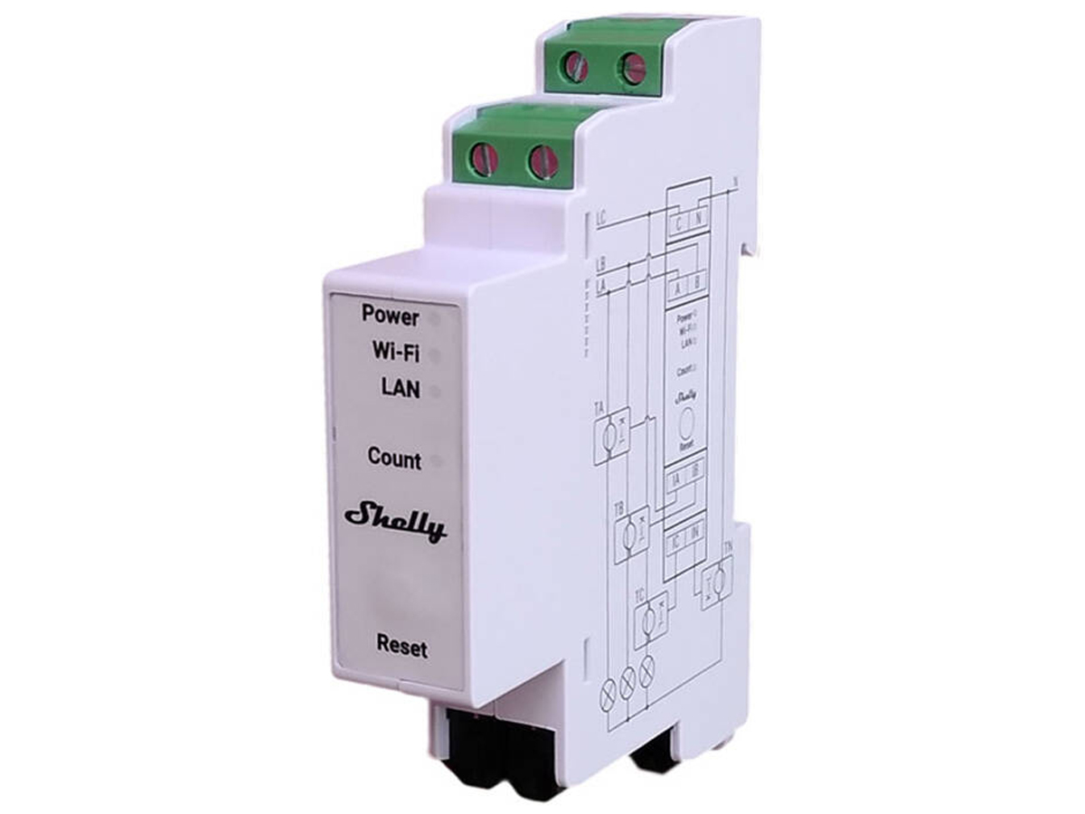 Zweirichtungs-Energieverbrauchsmesser Shelly PRO 3EM 400A Wi-Fi - Vorderansicht im Winkel