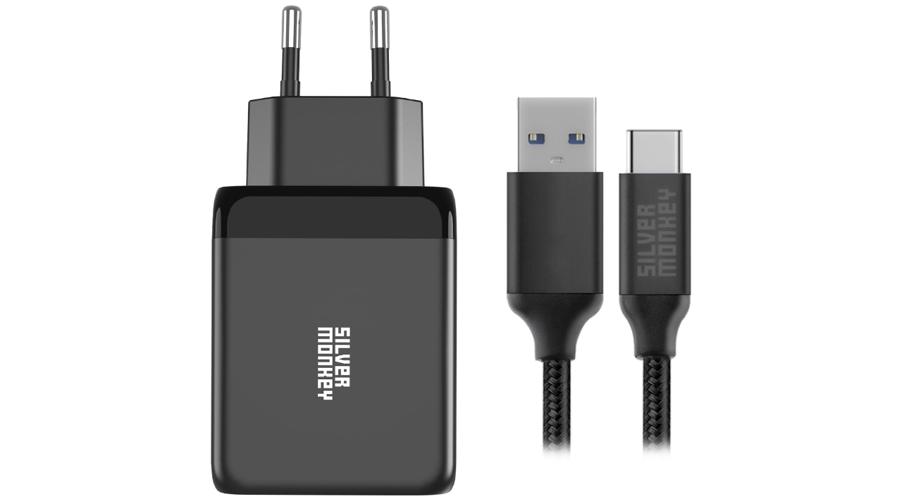 Silver Monkey X Netzteil GaN 65W + USB-C Kabel 2m.