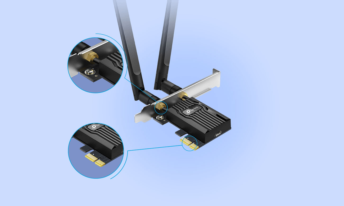 TP-Link Archer TX55E Anteny, pozłacane styki