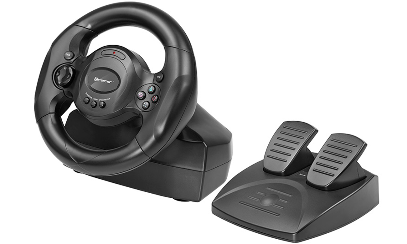 Kierownica Tracer Rayder 4 w 1 PC/PS3/PS4/Xbox One - Widok od przodu pod kątem wraz z pedałami