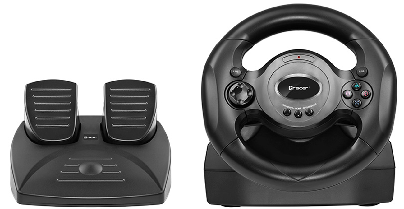 Kierownica Tracer Rayder 4 w 1 PC/PS3/PS4/Xbox One - Widok od przodu wraz z pedałami