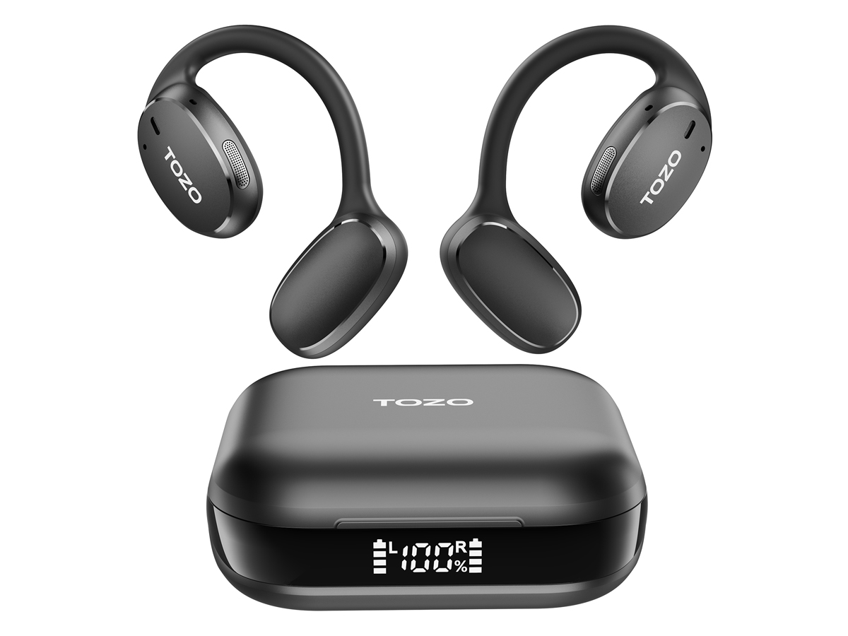 Drahtlose Kopfhörer Tozo OpenEgo Schwarz - Vorderansicht, zusammen mit geschlossenem Ladeetui