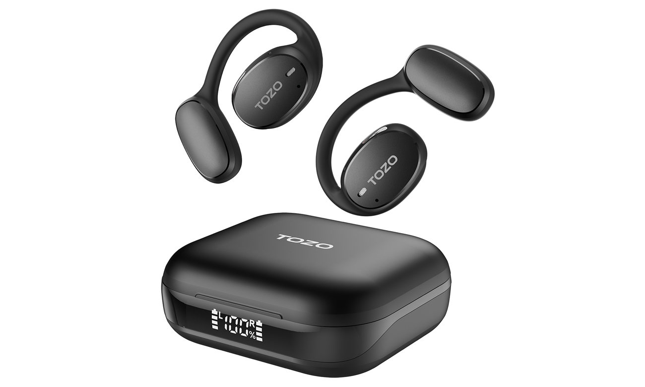 Drahtlose Kopfhörer Tozo OpenEgo Schwarz - Vorderansicht im Winkel, zusammen mit geschlossenem Ladeetui